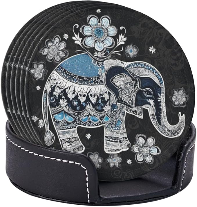Famame 6 Pcs Ethnic Floral Elephant Leather Coasters for Drinks with Holder Coaster Sets Drink Table Cup Coasters for Living Room Kitchen Coffee Decor