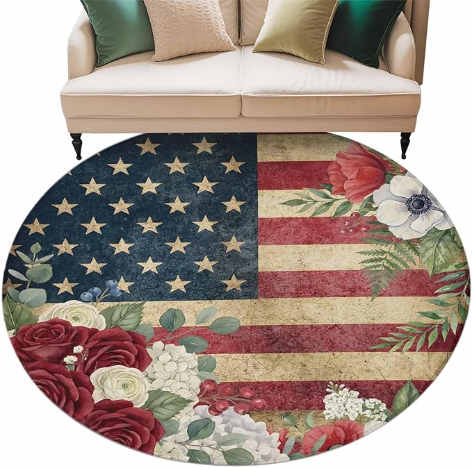 Washable Round Area Rug Independence Day 250th Anniversary Circle Rugs Floor Carpet for Living Room Bedroom, Vintage USA Flag Floral Soft Non Slip Round Rug 5ft