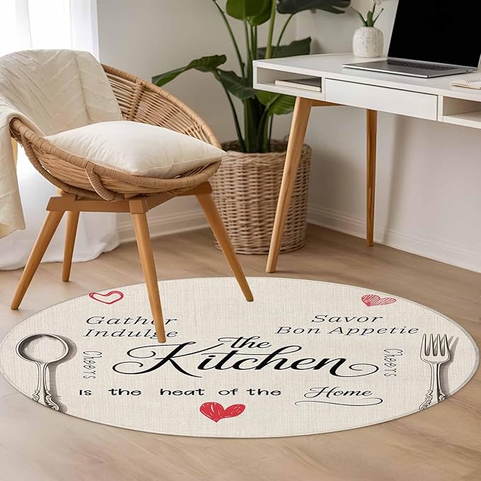Washable Round Area Rug Spoon Fork Vintage Farmhouse Circle Rugs Floor Carpet for Living Room Bedroom, Abstract Love Retro Linen Soft Non Slip Round Rug 4ft