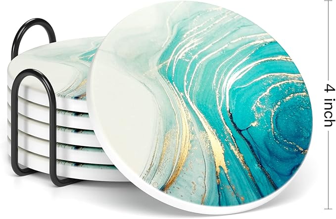 Nipichsha Coasters for Drinks, Set of 6 Cute Absorbent Ceramic Drink Coasters for Cup with Holder and Cork Base, Kitchen Home Decor Housewarming Gift, Round 4 in, Gold Teal Ocean