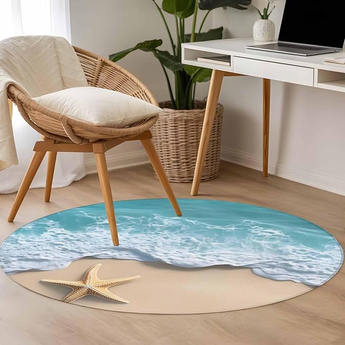 Washable Round Area Rug Beach Starfish Teal Sea Water Circle Rugs Floor Carpet for Living Room Bedroom, Summer Ocean Theme Soft Non Slip Round Rug 4ft