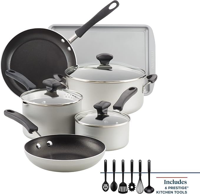 Farberware Cookstart DiamondMax Nonstick Cookware/Pots and Pans Set, Dishwasher Safe, Includes Baking Pan and Cooking Tools, 15 Piece - Silver