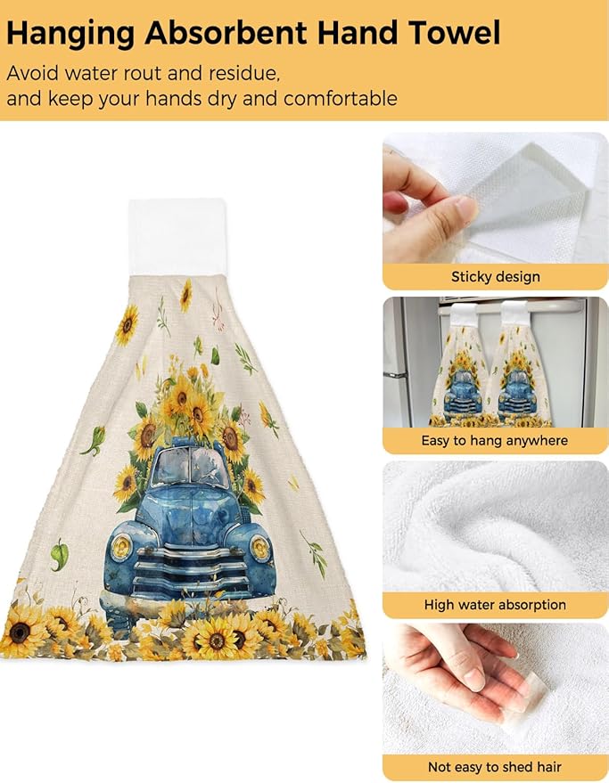 Alandar Home Kitchen Tie Towel Set of 1, Spring Farm Sunflower Blue Truck Absorbent Soft Hand Towels for Bathroom Hanging Towels, Blossom Floral on Linen Fast Drying Cleaning Cloth with Loop