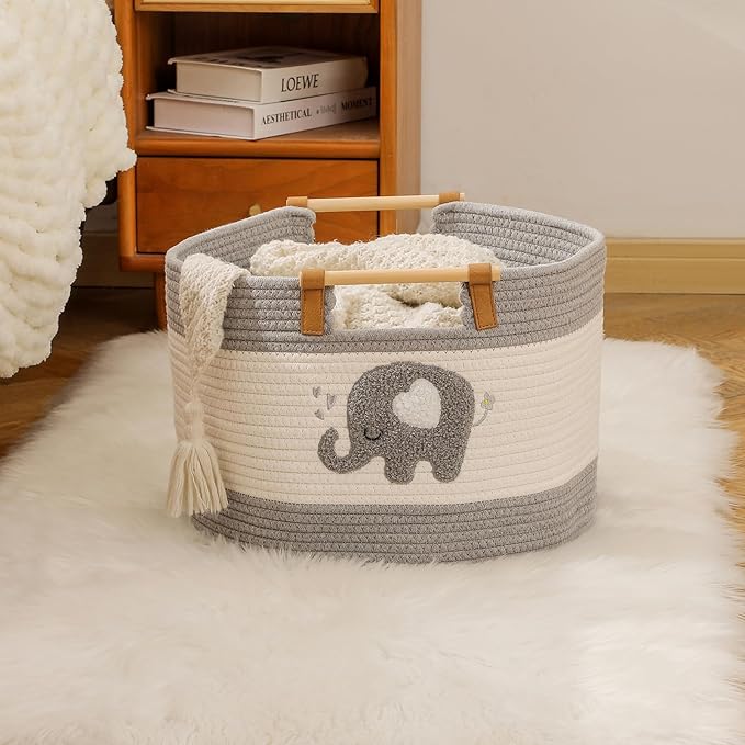 Cotton Rope Baskets for Kids Stuffed Animal Toys Storage for Nursery, Baby Baskets for Gifts Empty, Woven Basket with Wooden Handles Blanket Towel Toy 0rganizer Kids Blanket Storage Bins