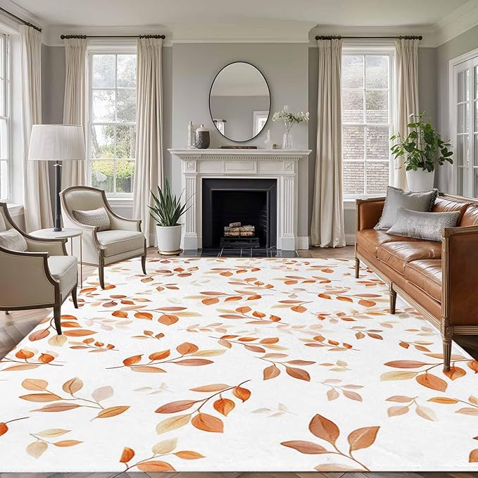 Area Rug 8x10ft, Autumn Orange Leaf Botanical Washable Rugs for Living Room Bedroom, Abstract Vine Pattern Soft Non-Slip Area Rugs Rectangle Floor Carpet for Dining Room