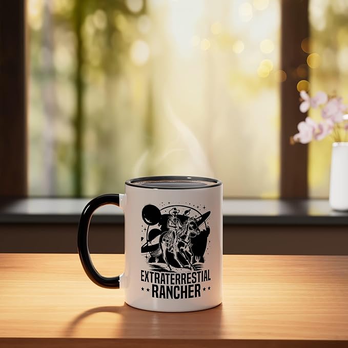 Alien Lover Flying Saucer UFO Extraterrestrial Cowboy Ceramic Mug, Black/White
