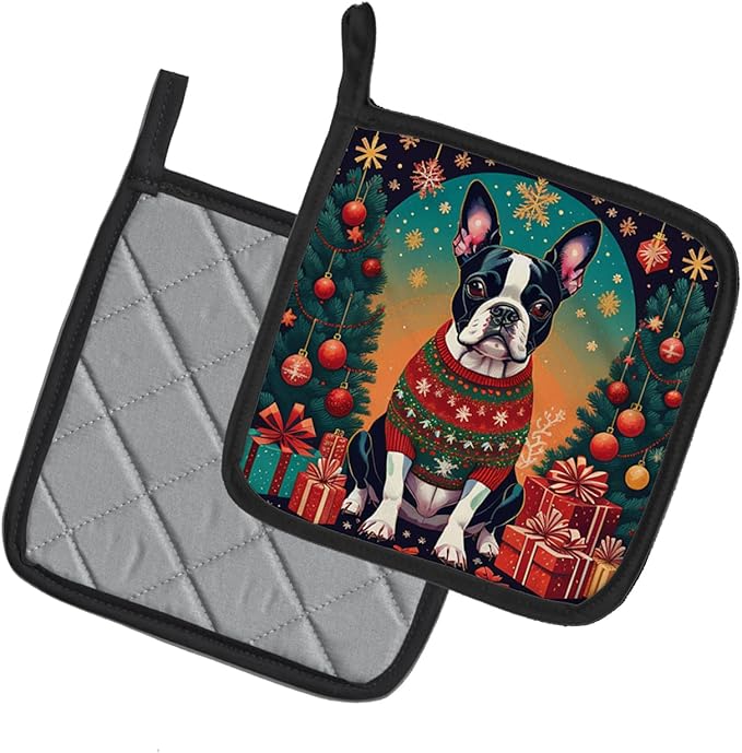 Caroline's Treasures Boston Terrier Christmas Pair of Pot Holders Kitchen Heat Resistant Pot Holders Sets Oven Hot Pads for Cooking Baking BBQ, 7 1/2 x 7 1/2