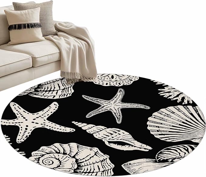 Washable Round Area Rug Marine Starfish Shell Conch Circle Rugs Floor Carpet for Living Room Bedroom, Ocean Life on Black Soft Non Slip Round Rug 4ft