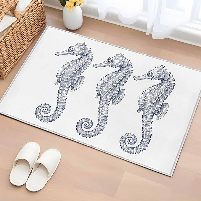 Area Rug 2x3ft, Summer Light Blue Seahorse Washable Rugs for Living Room Bedroom, Underwater Ocean Animals Soft Non-Slip Area Rugs Rectangle Floor Carpet for Dining Room