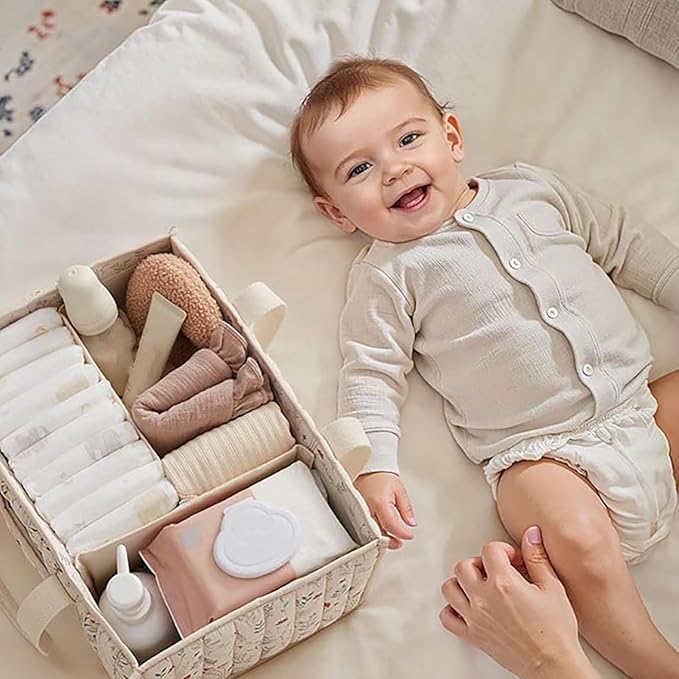 Quilted Fabric Storage Basket Floral Baby Diaper Caddy Quilted Basket for Nursery Bedroom Car Storage (L- Beige 02)