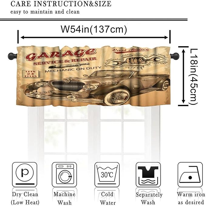 Vintage Car Valance Curtain Nostalgic Car Garage Service Repair Store Phrase Dated Rod Pocket Valance Window Treatments Short Curtains for Kitchen Living Room 54x18inch