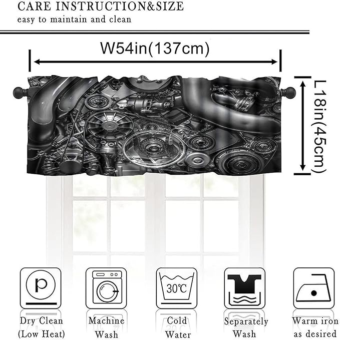 Engine Valance Curtain Car Engine Industrial Man Cave Rod Pocket Valance Window Treatments Short Curtains for Kitchen Farmhouse Living Room Bathroom Bedroom Decor 54x18inch