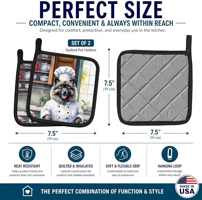 Caroline's Treasures Keeshond The Chef Pair of Pot Holders Kitchen Heat Resistant Pot Holders Sets Oven Hot Pads for Cooking Baking BBQ, 7 1/2 x 7 1/2