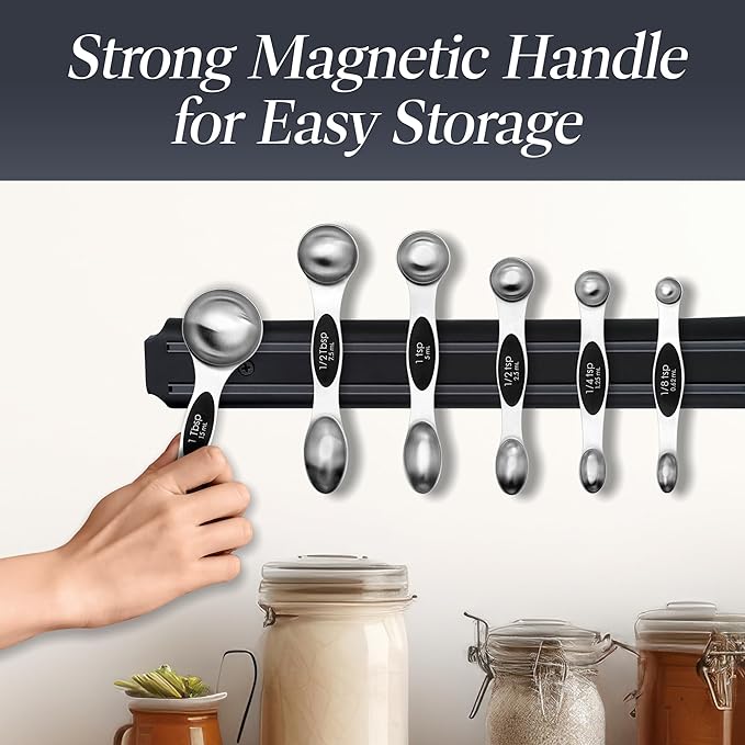 Premium Measuring Spoons Set - Magnetic, Dual-Sided, & Dishwasher Safe - Accurate and Durable for Cooking and Baking - 6 Convenient Sizes - U.S. and Metric Measurements