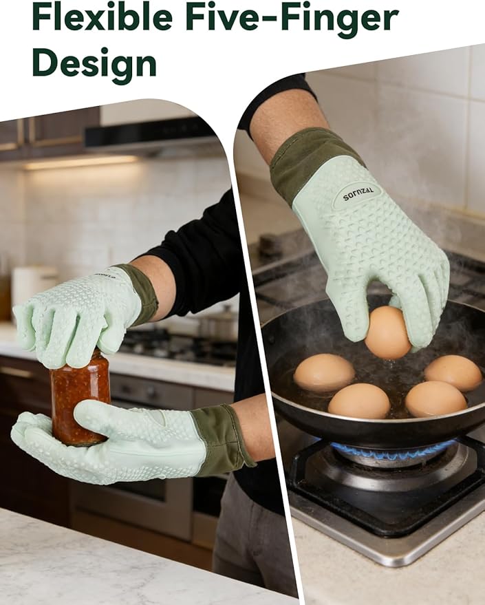 Silicone Oven Mitts with Five-Finger Design, Extended Cuff & Soft Cotton Lining – Heat Resistant, Waterproof, Non-Slip Oven Gloves for Baking, Cooking, Grilling, Safe Grip on Hot Cookware - Green