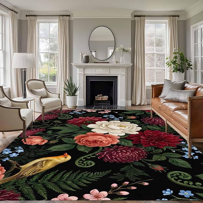 Area Rug 8x10ft, Pastoral Colorful Flower Leaf Washable Rugs for Living Room Bedroom, Country Blossom Floral Bird Soft Non-Slip Area Rugs Rectangle Floor Carpet for Dining Room