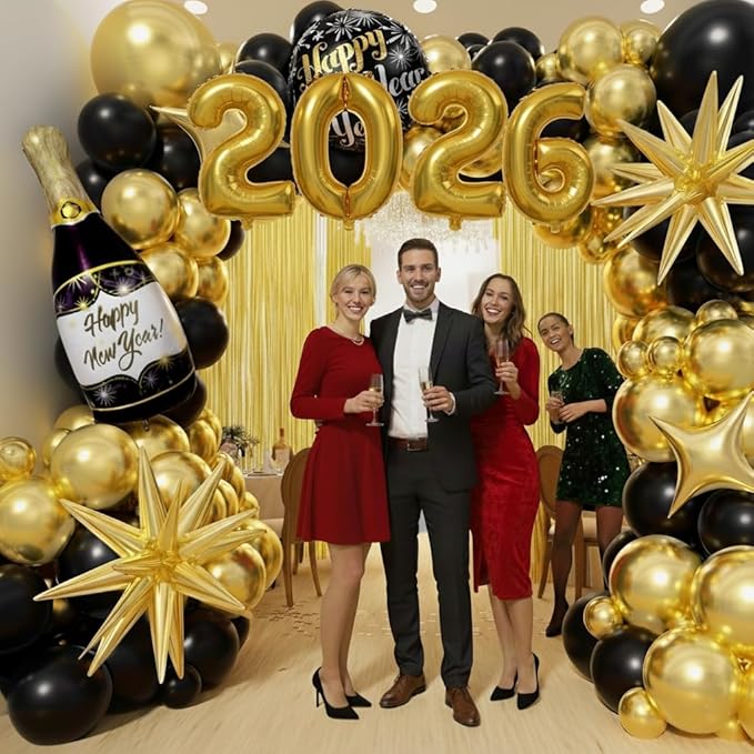 Black and Gold Balloons Garland Arch Kit - Different Size Balloons Gold Fringe Curtain Backdrop for Graduation Birthday Anniversary New Years Theme Party Decorations