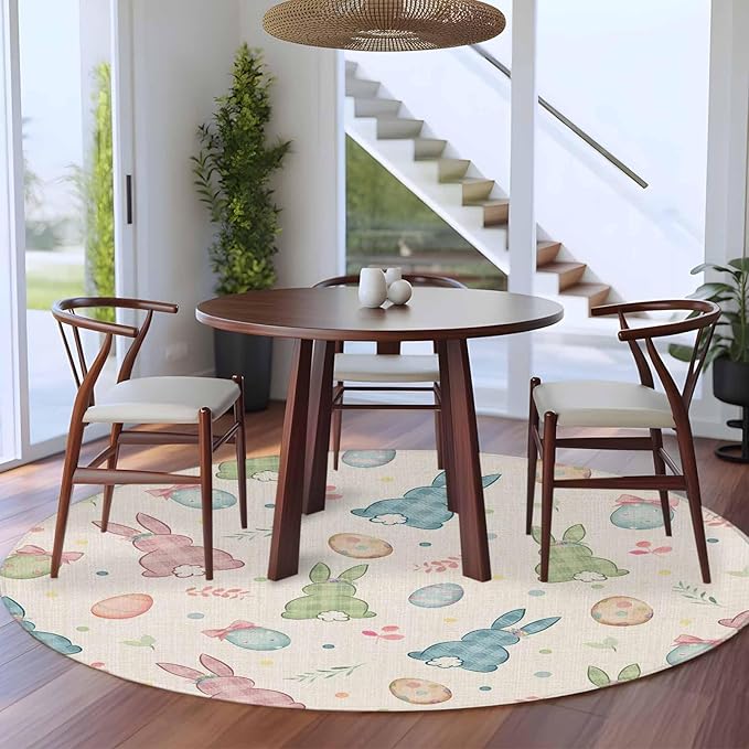Washable Round Area Rug Happy Easter Cute Plaid Bunny Circle Rugs Floor Carpet for Living Room Bedroom, Colorful Egg Leaves Farm Linen Soft Non Slip Round Rug 5ft