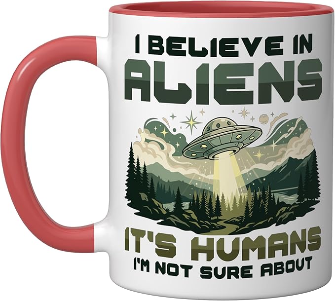 Alien Believer UFO Extraterrestrial Space Lover Ceramic Mug, Red/White