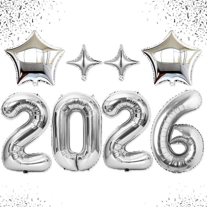 Upgraded, 42in Large 2026 Balloons Numbers, with 4pcs Star Balloon and Accessories, 3D Premium Aluminum Foil, Ideal Graduation Balloons for Graduation Decorations 2026, Grad Party Decorations, Silver