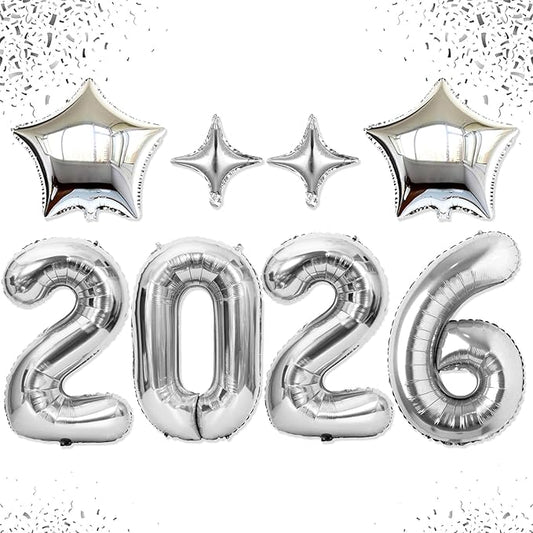 Upgraded, 42in Large 2026 Balloons Numbers, with 4pcs Star Balloon and Accessories, 3D Premium Aluminum Foil, Ideal Graduation Balloons for Graduation Decorations 2026, Grad Party Decorations, Silver