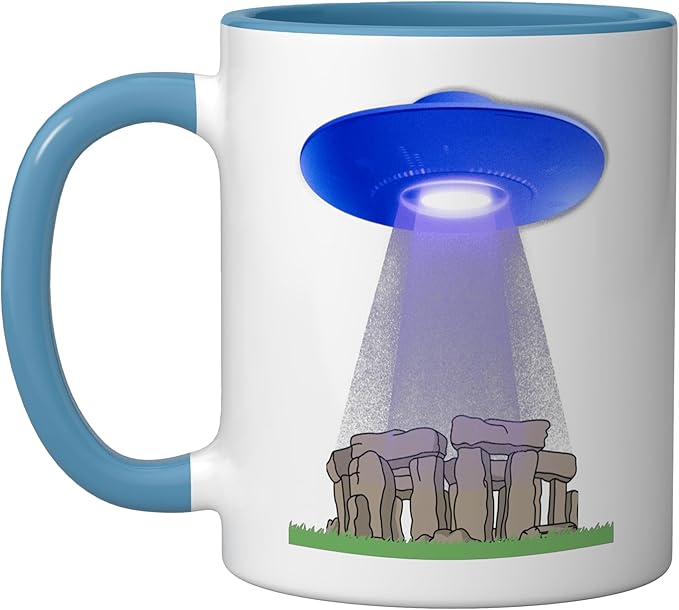 Funny UFO Stonehenge mystery stone circle flying saucer Ceramic Mug, Blue/White