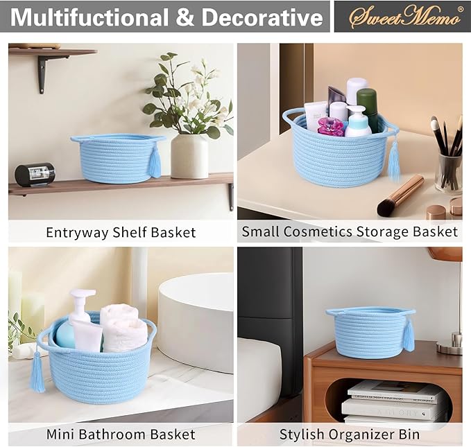 Small Gift Basket Empty – SweetMemo Small Woven Rope Baskets for Teen Girl Gifting, Baby Shower, Desk, Makeup, Bathroom, Vanity– Little Decorative Bin with Gift Bag & Ribbon – Light Blue