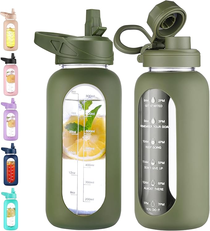 CIVAGO 32 oz Glass Water Bottle with Straw and Handle, Large Sports Motivational Water Bottle Flask with Time Marker, Leakproof Water Jug Canteen with Silicone Sleeve for Gym, Army Green