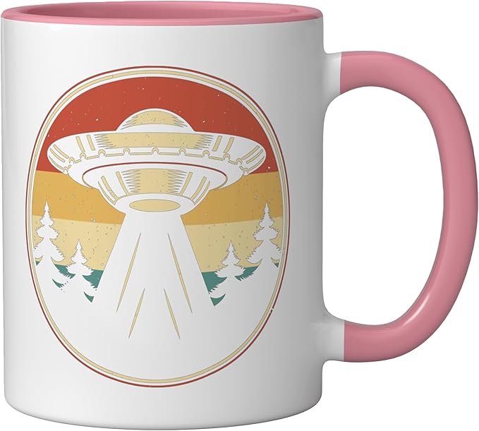 Ufo Alien Vintage Retro Ceramic Mug, Pink/White