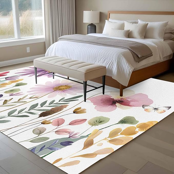 Area Rug 6x9ft, Country Field Purple Flowers Washable Rugs for Living Room Bedroom, Farm Floral Art Soft Non-Slip Area Rugs Rectangle Floor Carpet for Dining Room