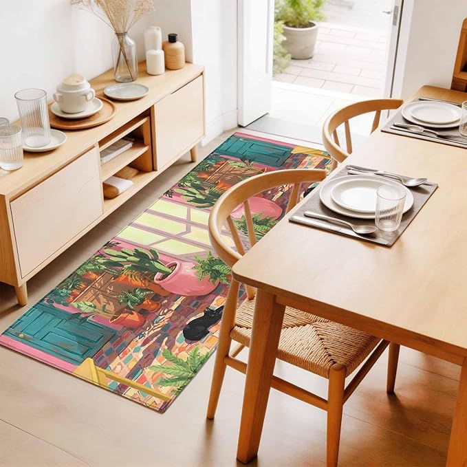 Runner Rug for Bedroom Hallway, Sleeping Cat Pink Sunlit Room Kitchen Runner Rugs Area Rug 2x6ft, Potted Plants Washable Soft Floor Carpet for Entryway Stair