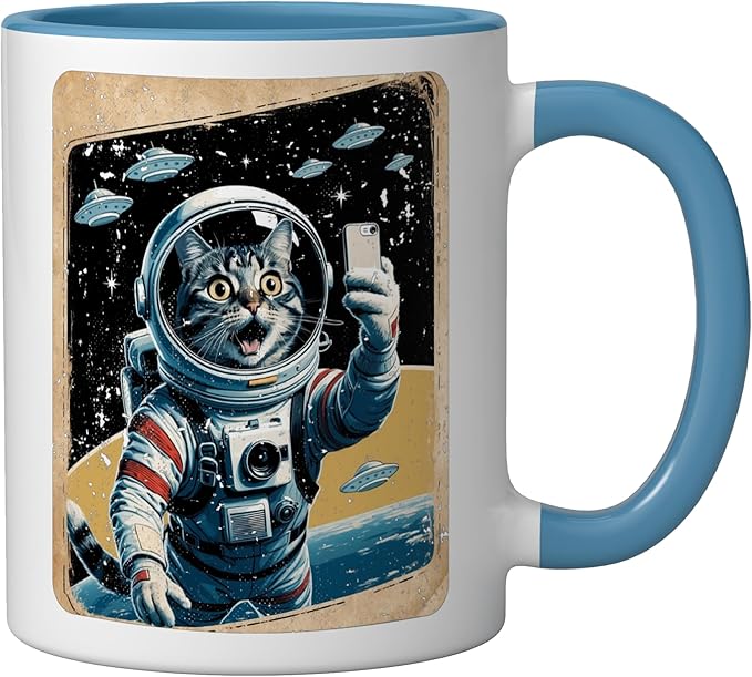Space Cat Astronaut UFO Funny Sci-fi Alien Selfie Ceramic Mug, Blue/White