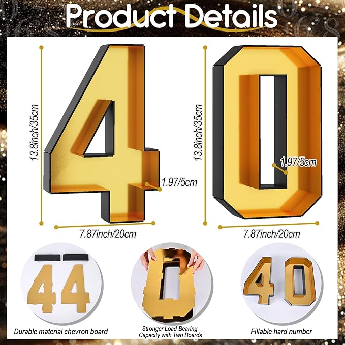 40 Cardboard Numbers for Charcuterie Numbers Fillable 13.8'' Black Gold Paper Mache Number Shaped Cupcake Pans Board Box Trays Container for Food Candy 40th Birthday Party Decorations Anniversary