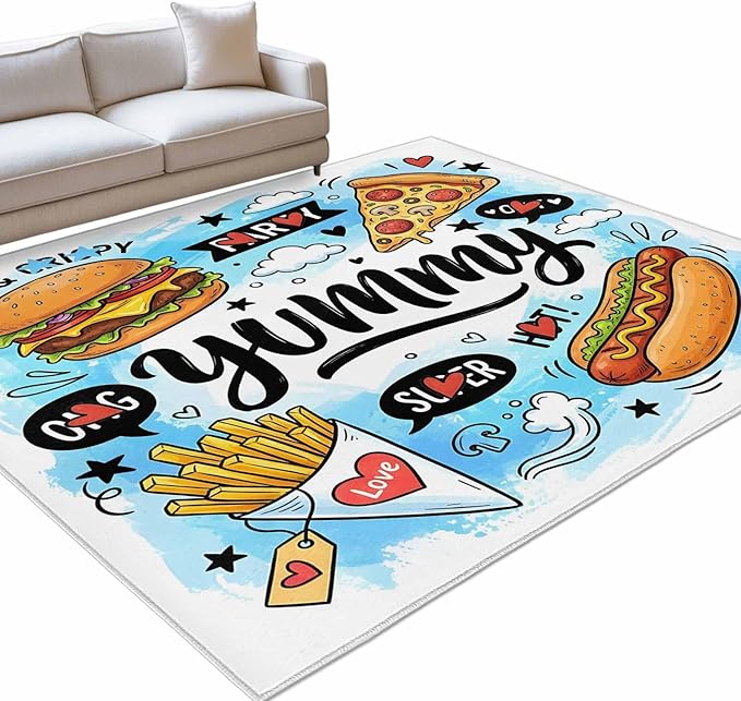 Area Rug 4x6ft, Cartoon Food Abstract Graffiti Washable Rugs for Living Room Bedroom, Blue Sky with Clouds Soft Non-Slip Area Rugs Rectangle Floor Carpet for Dining Room