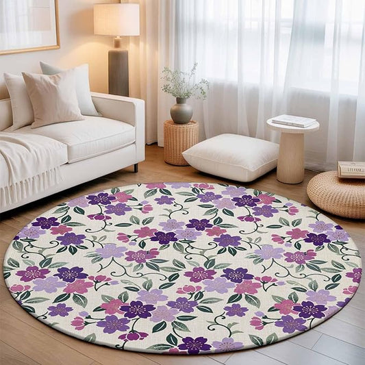 Washable Round Area Rug Watercolor Country Flowers Circle Rugs Floor Carpet for Living Room Bedroom, Plum Blossoms on Linen Soft Non Slip Round Rug 3ft