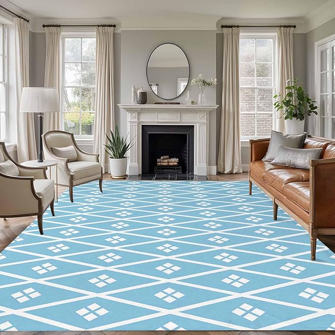 Area Rug 9x12ft, Boho Blue White Plaid Line Washable Rugs for Living Room Bedroom Rectangle Floor Carpet, Abstract Geometric Diamond Soft Non-Slip Area Rugs for Dining Room