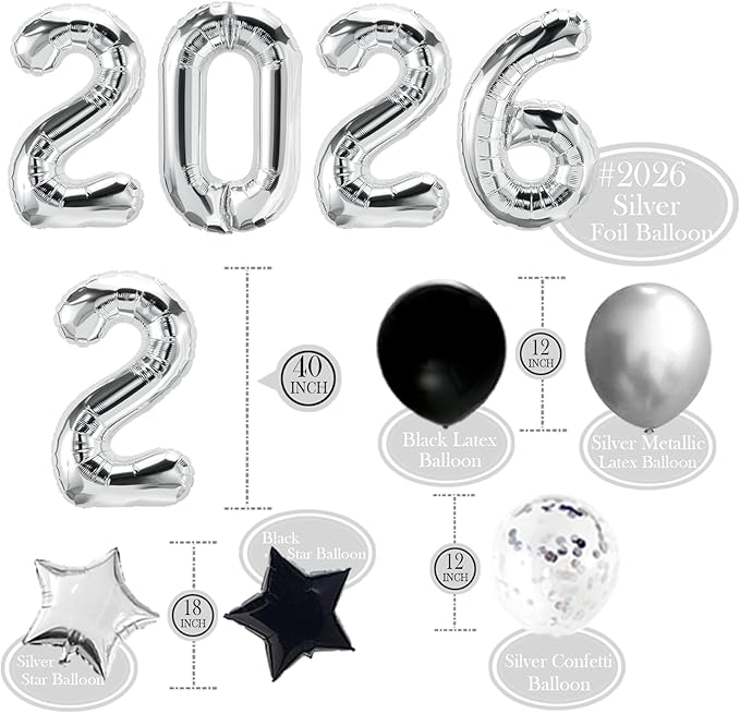 JOJO FLY New Years Eve Party Decorations Kit, Silver 2026 Balloons, Black and Silver Balloons Set, Silver Foil Curtain, Graduation Decorations, New Years Eve Party Supplies 2026