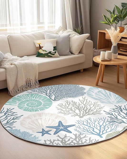 Round Area Rug,Blue Ocean Shells Coral Circle Living Room Rug Non-Slip Rugs Indoor Carpet,Conch Starfish Marine Life Soft Comfort Rugs for Bedroom Kids Room