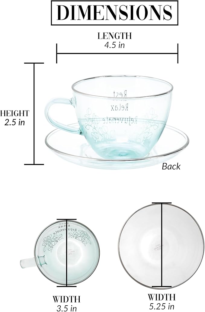 Pavilion Gift Company - Rest Relax Rejuvenate - 7 oz Teacup And 5.25" Saucer Plate Set Expresso Shot Tea Party Cappuccino Coffee Mug Drinkware Glass Tranquil Self Care Affirmations Positivity