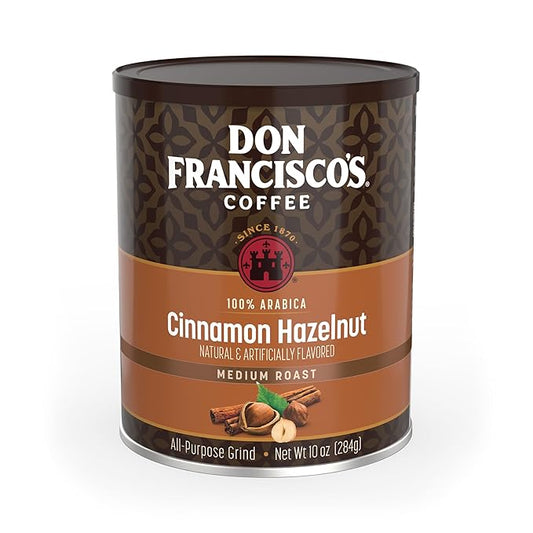 Don Francisco's Cinnamon Hazelnut Ground Flavored Coffee: Rich, Aromatic 100% Arabica Blend - Medium Roast for a Delightful Morning Brew (10 oz Can)