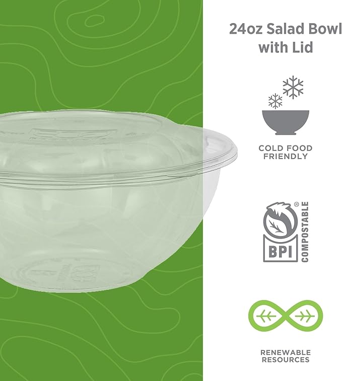 ECO PRODUCTS Compostable 24oz Salad Bowl, Clear PLA Plastic, With Lid, Case of 150, Grab 'n' Go Round Cold Takeout Food Containers, Renewable Plant-Based, Disposable, ASTM Compliant, BPI-Certified