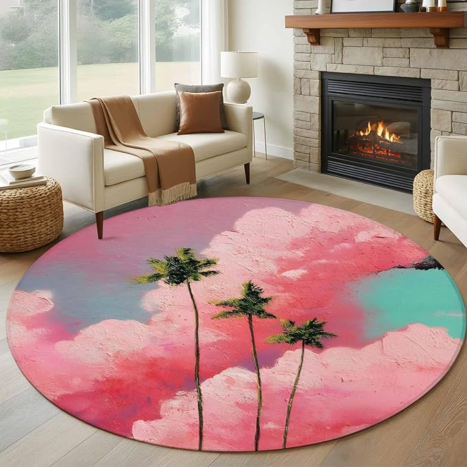 Washable Round Area Rug Summer Dreamy Pink Cloud Circle Rugs Floor Carpet for Living Room Bedroom, Watercolor Tropical Palm Tree Soft Non Slip Round Rug 5ft