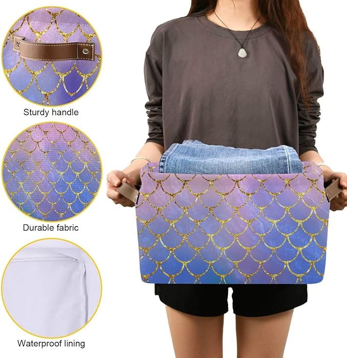 Rectangular Storage Bin Colorful Mermaid Fish Scales Basket with Handles - Toy Bins Laundry Storage Basket for Kids Toy Pets Room Closet