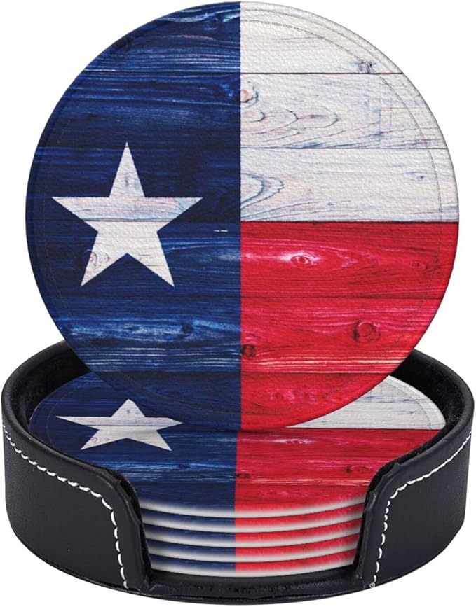 Texas Flag Wooden Leather Drinks Coasters with Holder, Set of 6, Suitable for Various Cups