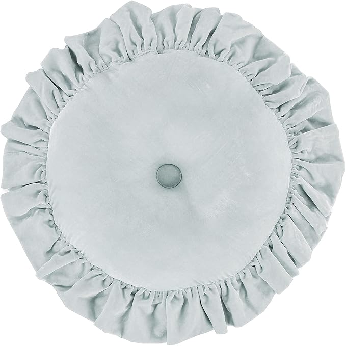 HiEnd Accents Stella Faux Silk Velvet Round Ruffled Pillow, Light Blue, Romantic Western Modern Traditional Style Luxury Bedding, Decorative Throw Pillow