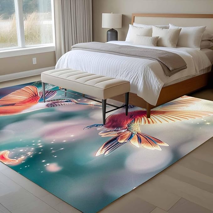 Area Rug 6x9ft, Spring Hummingbird Pink Petals Flowers Washable Rugs for Living Room Bedroom, Dreamlike Animal Focus Scenery Soft Non-Slip Area Rugs Rectangle Floor Carpet for Dining Room