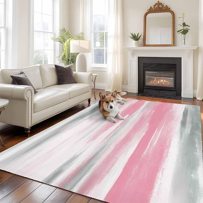 Area Rug 6x9ft, Pink Grey Mottled Texture Seamless Washable Rugs for Living Room Bedroom, Gradient Abstract Art Soft Non-Slip Area Rugs Rectangle Floor Carpet for Dining Room