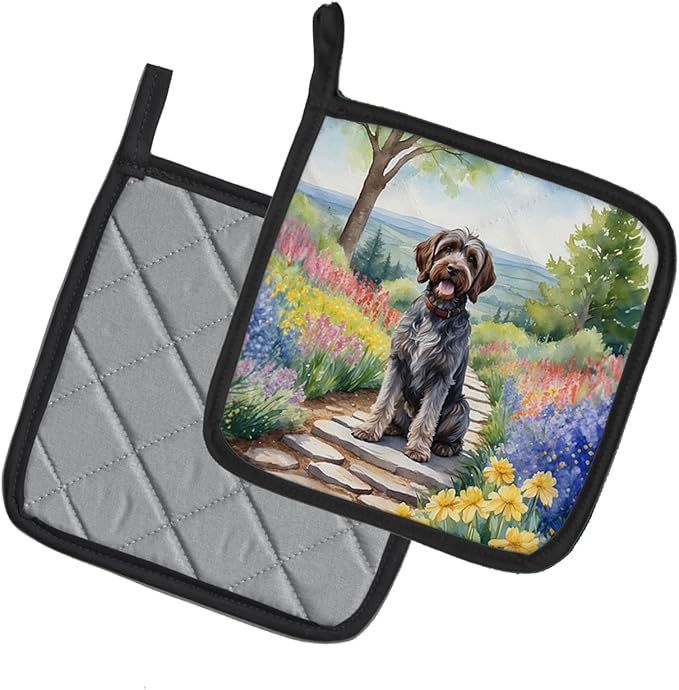 Caroline's Treasures Wirehaired Pointing Griffon Spring Path Pair of Pot Holders Kitchen Heat Resistant Pot Holders Sets Oven Hot Pads for Cooking Baking BBQ, 7 1/2 x 7 1/2