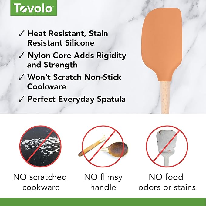 Tovolo Silicone Spatula Wooden Handle for Cooking Baking Mixing, Heat Resistant Food Safe BPA Free Flexible Silicone Baking Spatula with Wood Handles Kitchen Utensils Nonstick Safe, Apricot Orange
