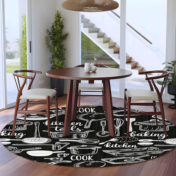 Black Kitchen Tools 5ft Round Rug, Modern Cooking Utensil Non-Skid Rubber Backing Large Area Rugs - Living Room Bedroom Home Office, Farmhouse Cookware Indoor Floor Mat Carpets Washable Rug